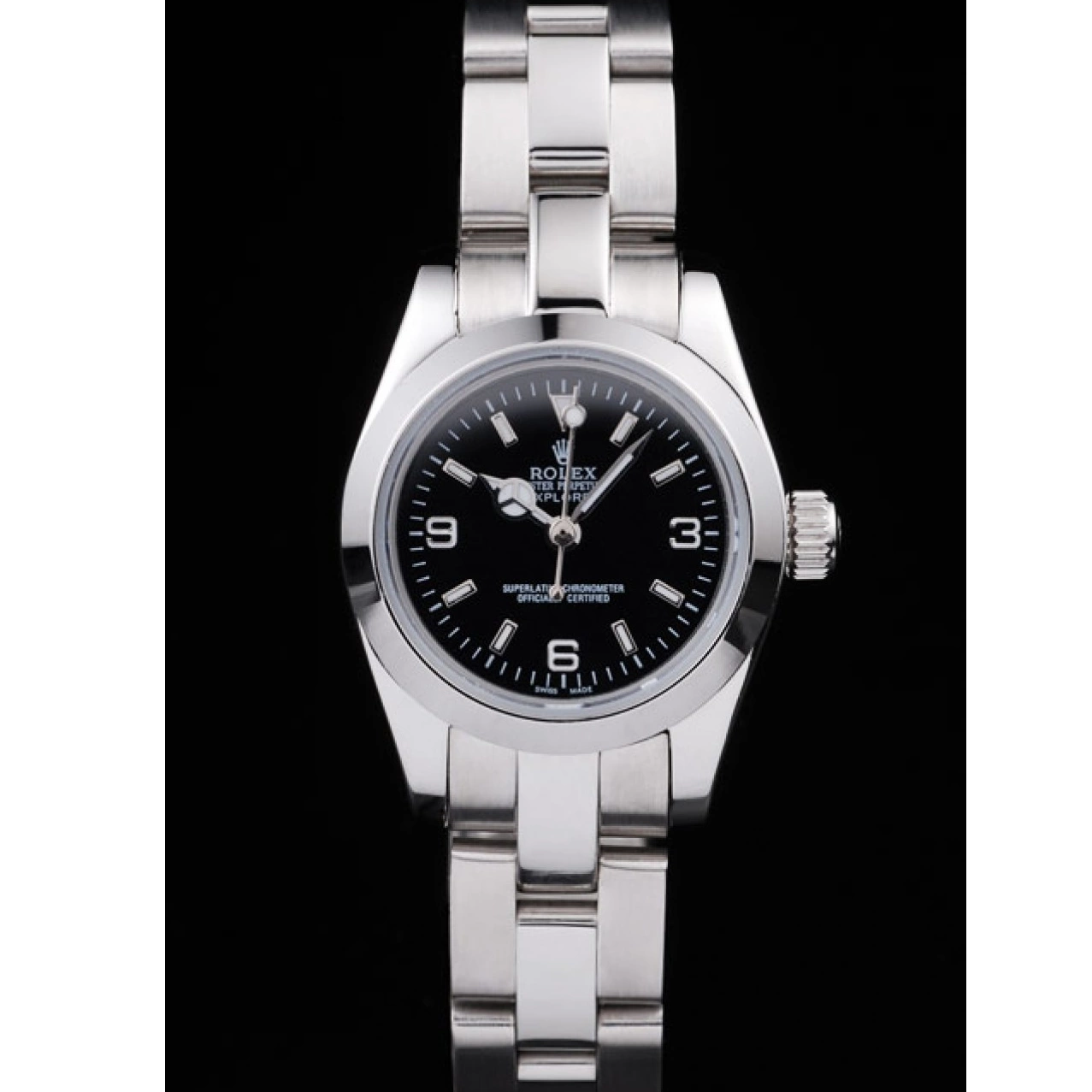 Aaa replica watch Explorer Dial Polished Stainless Steel Rolex Black 98089 0630